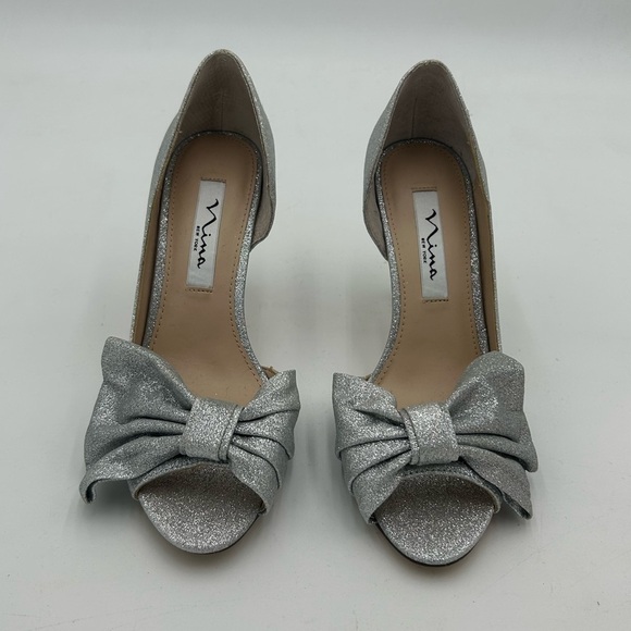 Nina Fay Silver Glitter Bow Peep Toe Heels - Picture 2 of 9